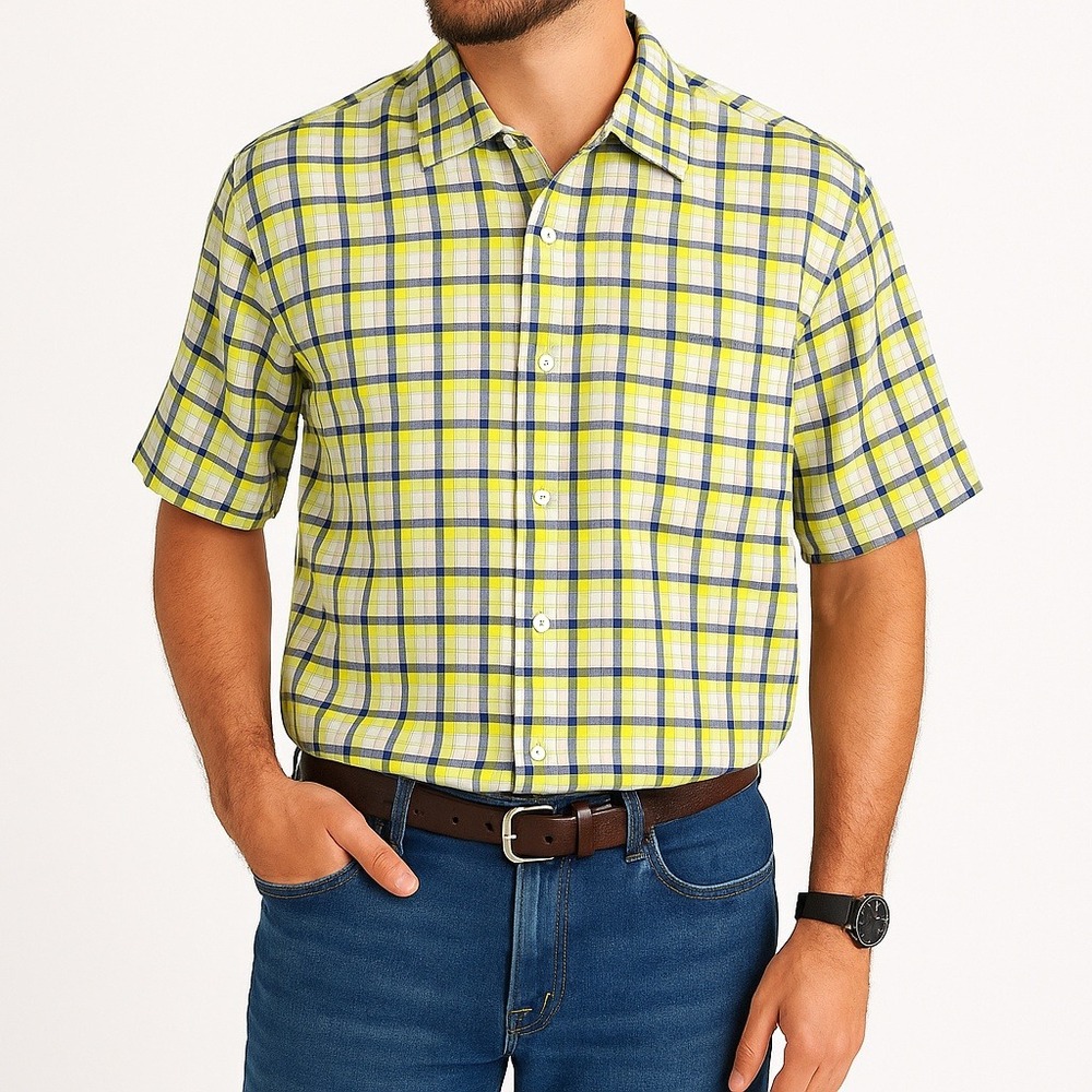 Nat Nast Luxury Linen Shirt Yellow Blue Check Short Sleeve Button Up Men's Large